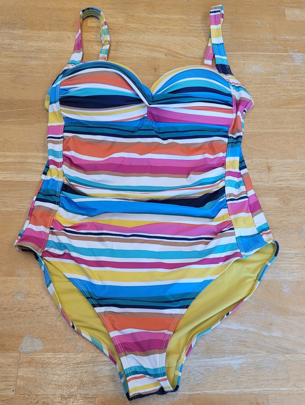 NipTuck Striped One Piece Swimsuit 10 Adjustable Straps Yellow Blue Pink